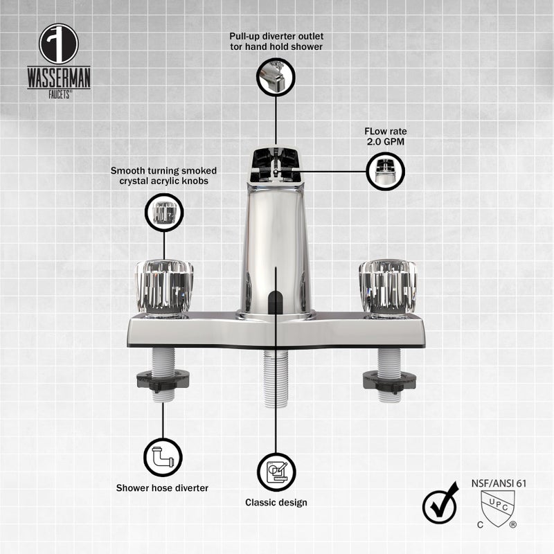 Wasserman Faucets Wasserman Offset Mobile Home Tub Faucet spout, 8 inch Tub Spout with Diverter, Double Handle Shower Faucet, Chrome, 3 Hole, Bathtub Faucet for Mobile Home, Trailer House, Campers, Motorhome - Image 3